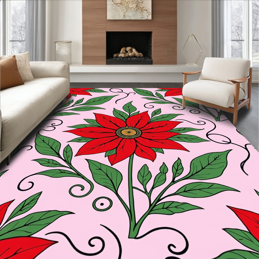 Vibrant Red Floral Vines Pink Rug