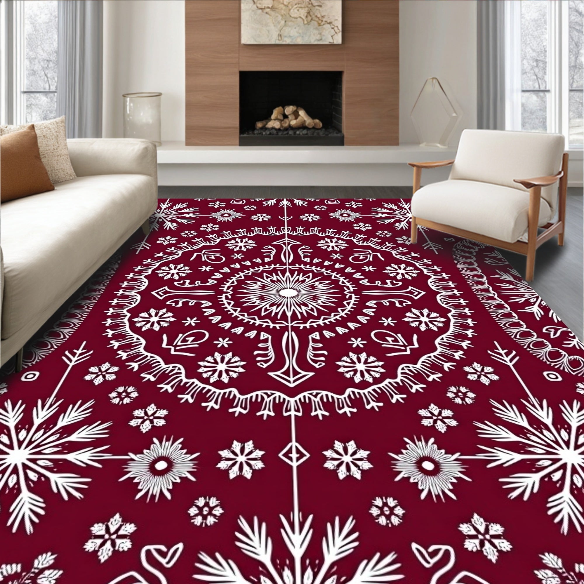 Crimson White Snowflake Mandala Rug