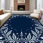White Leafy Branches on Navy Background Rug