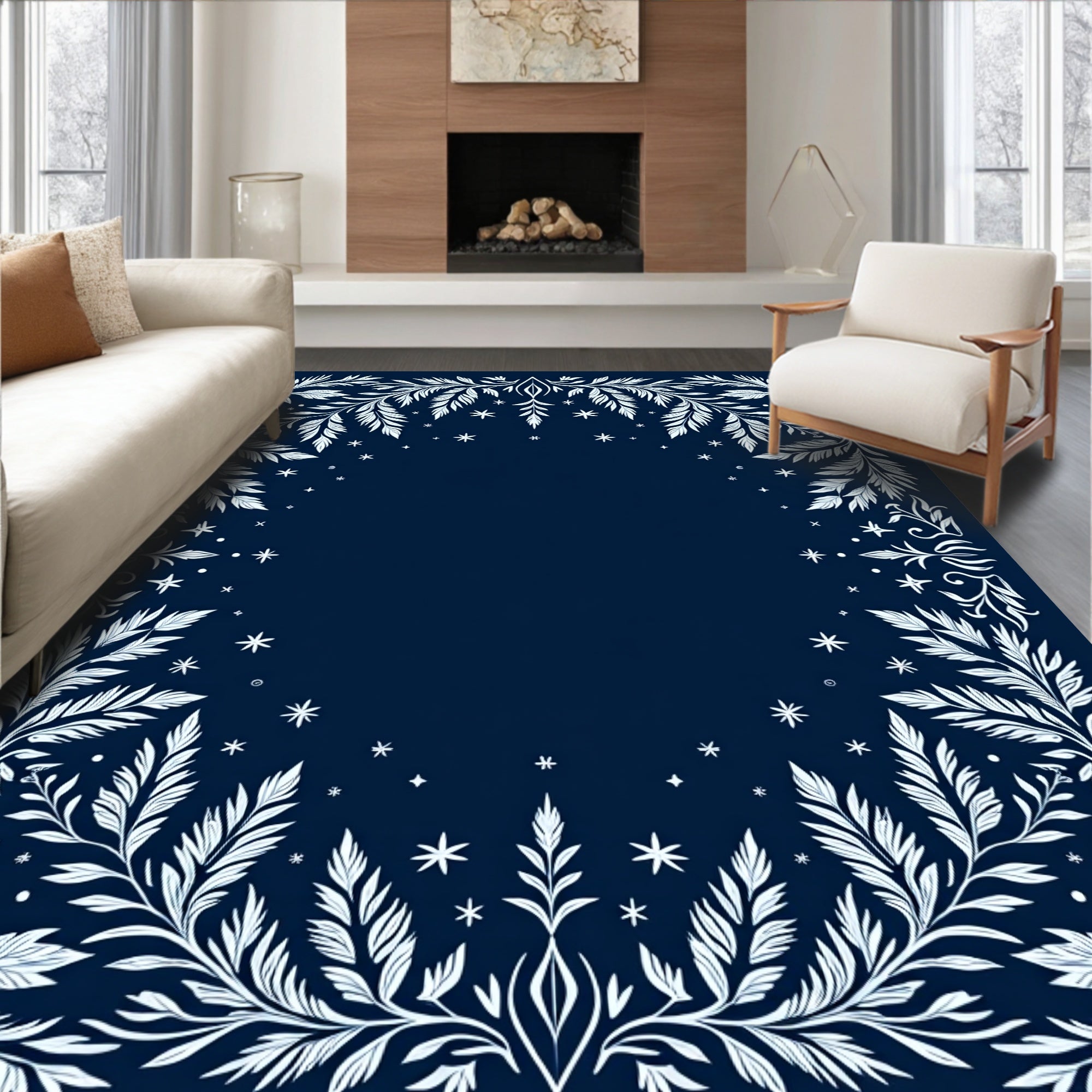 White Leafy Branches on Navy Background Rug