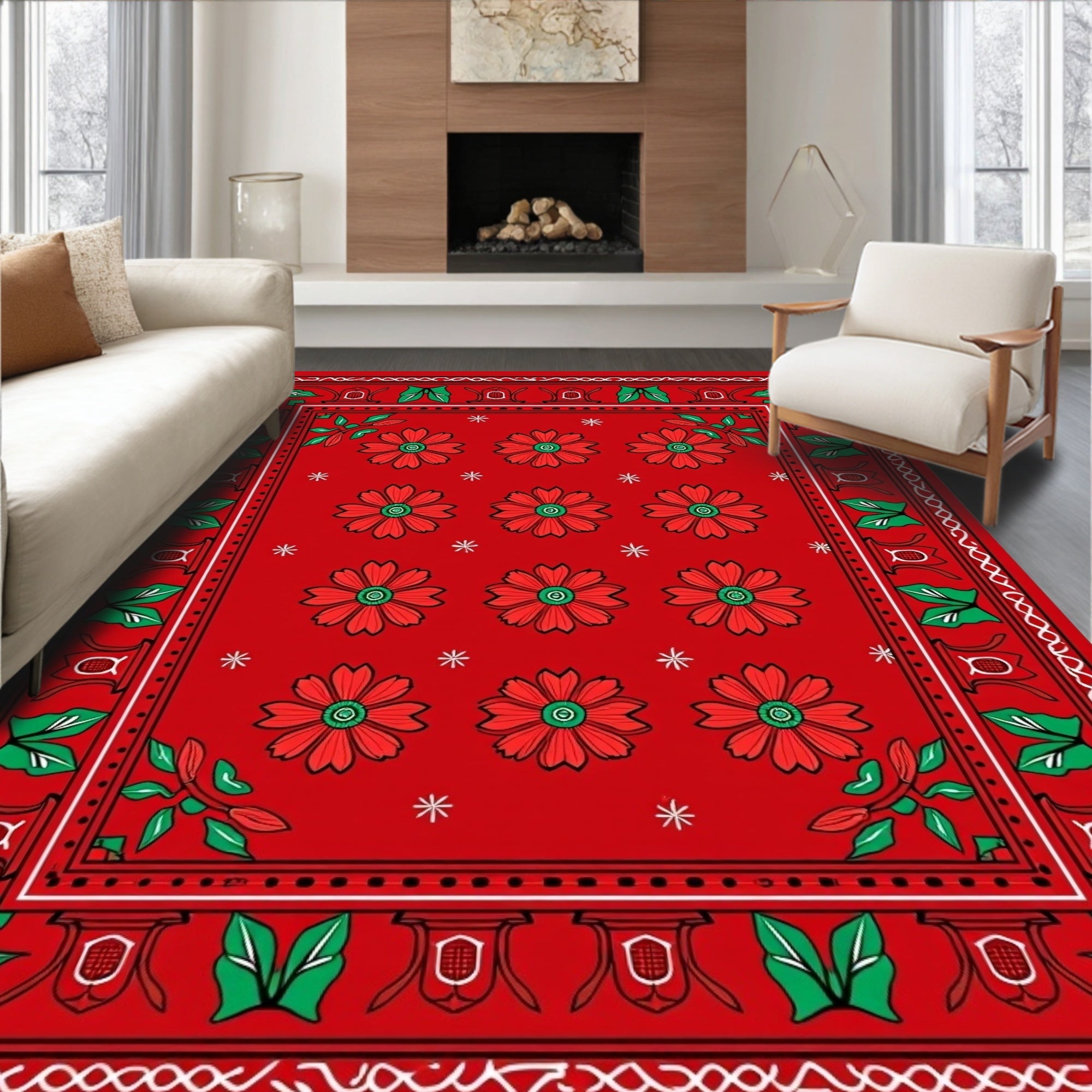 Vibrant Red Floral Bordered Rug