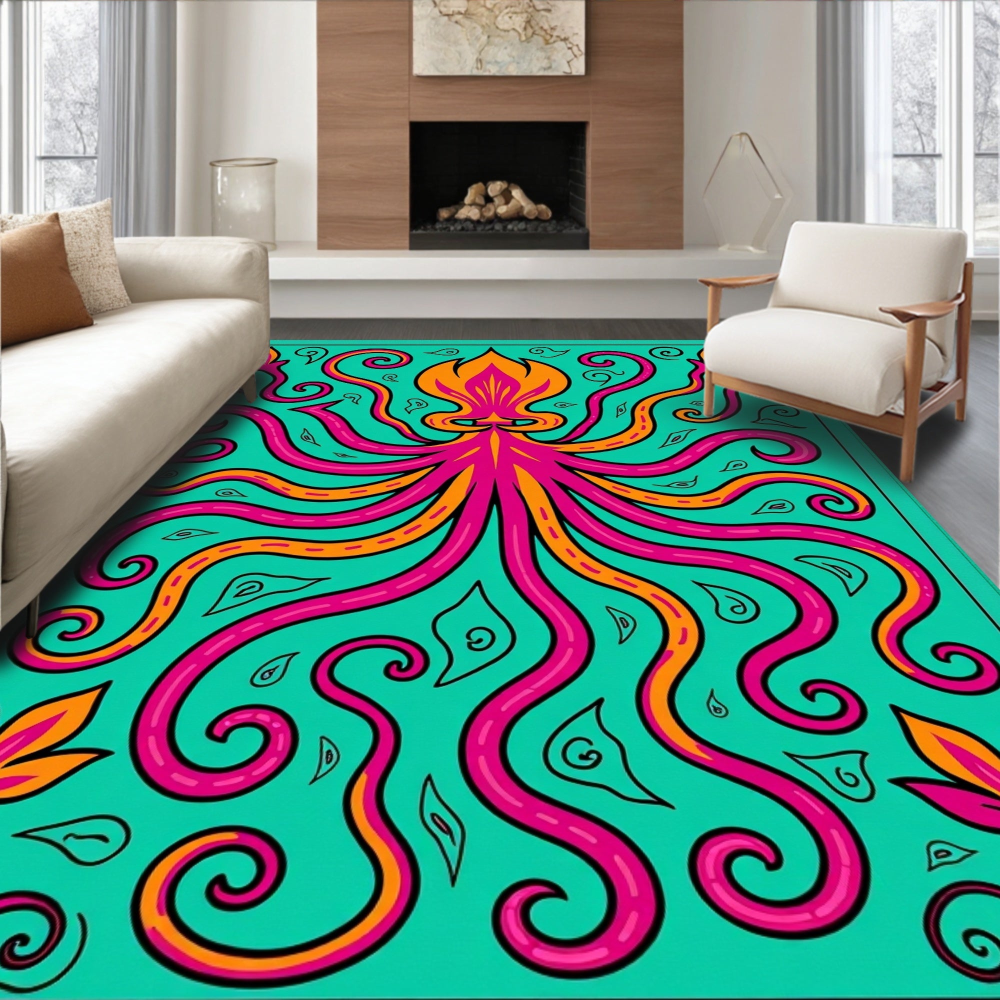 Bold Pink Octopus Teal Swirl Rug