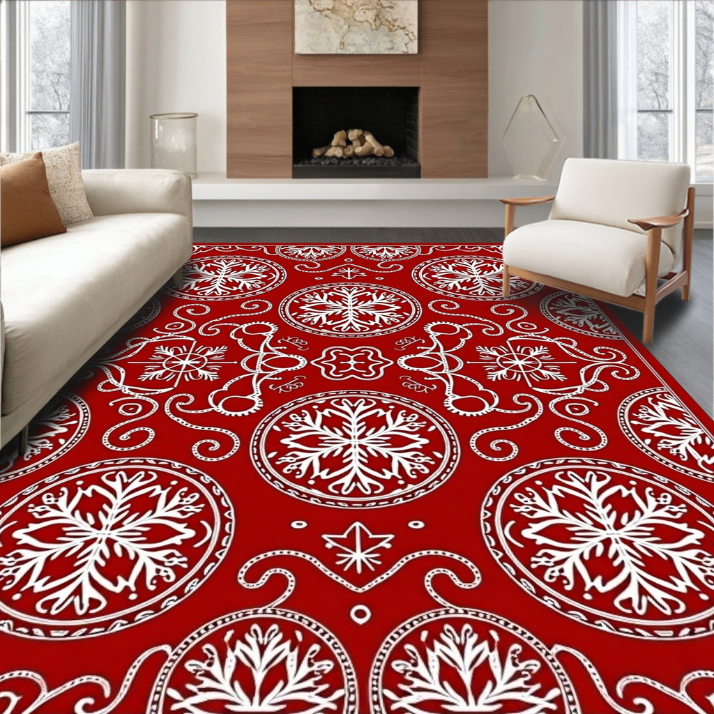 Red White Circular Snowflake Motif Rug