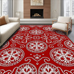 Red White Circular Snowflake Motif Rug