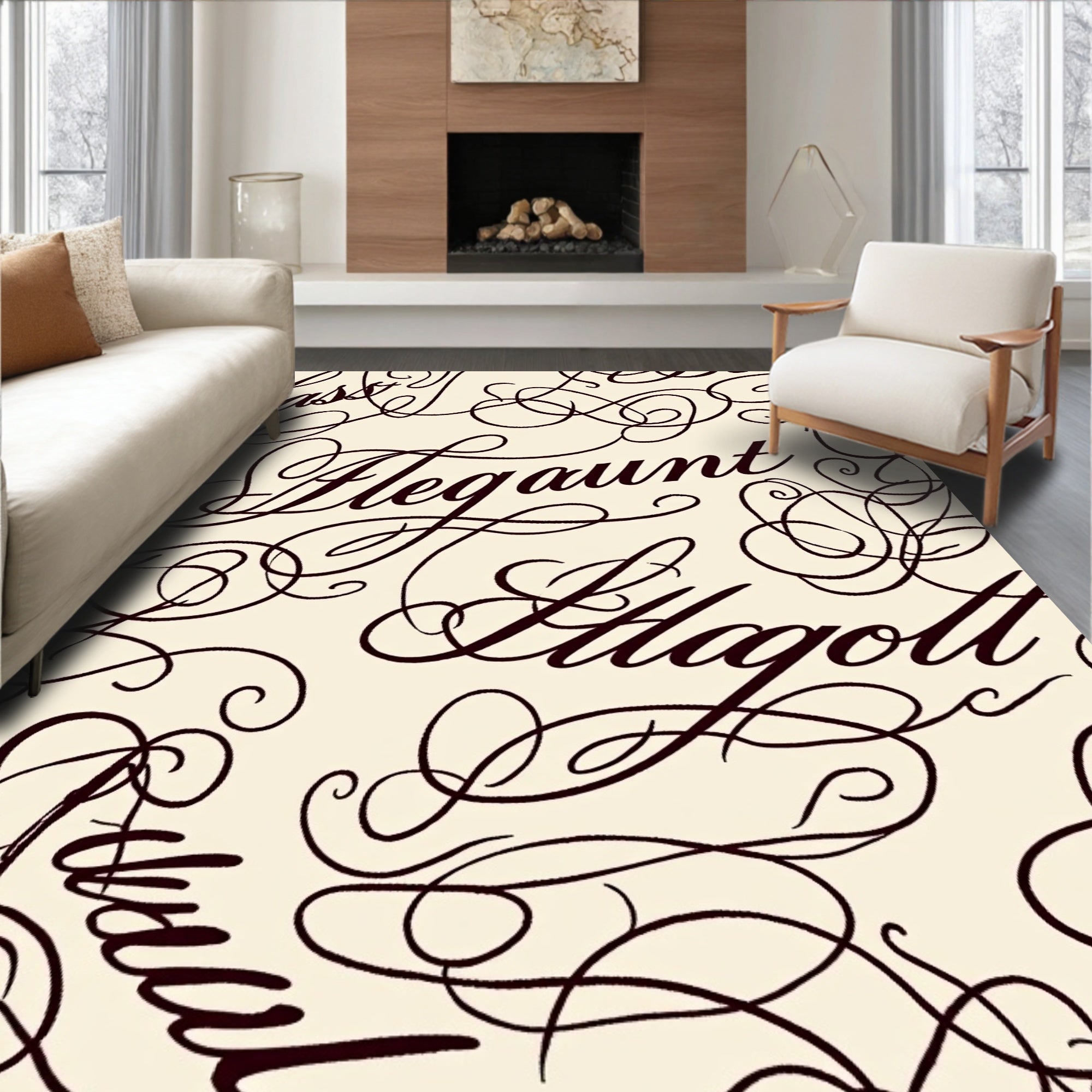 Elegant Script Cream Calligraphy Rug