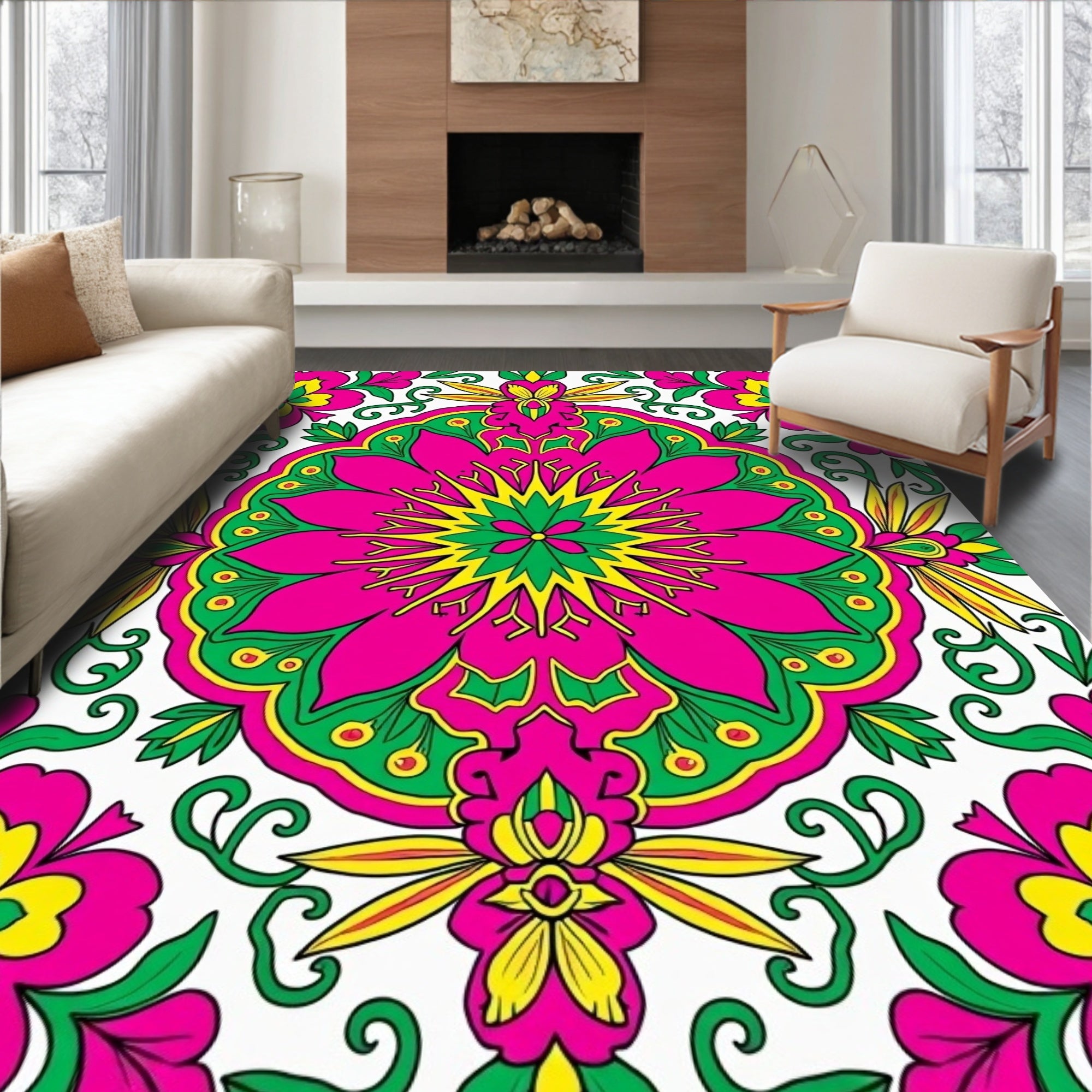 Vibrant Pink Green Yellow Floral Medallion Rug