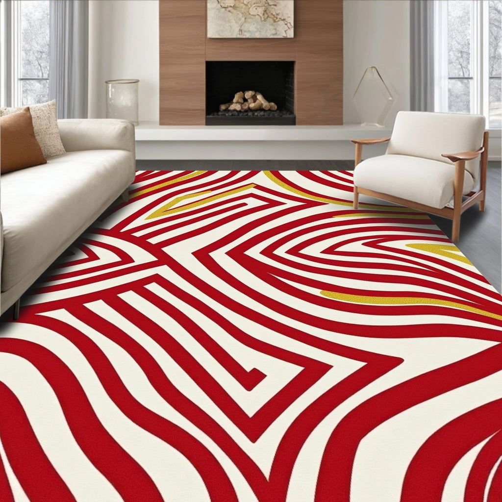 Bold Red Gold Abstract Swirl Rug