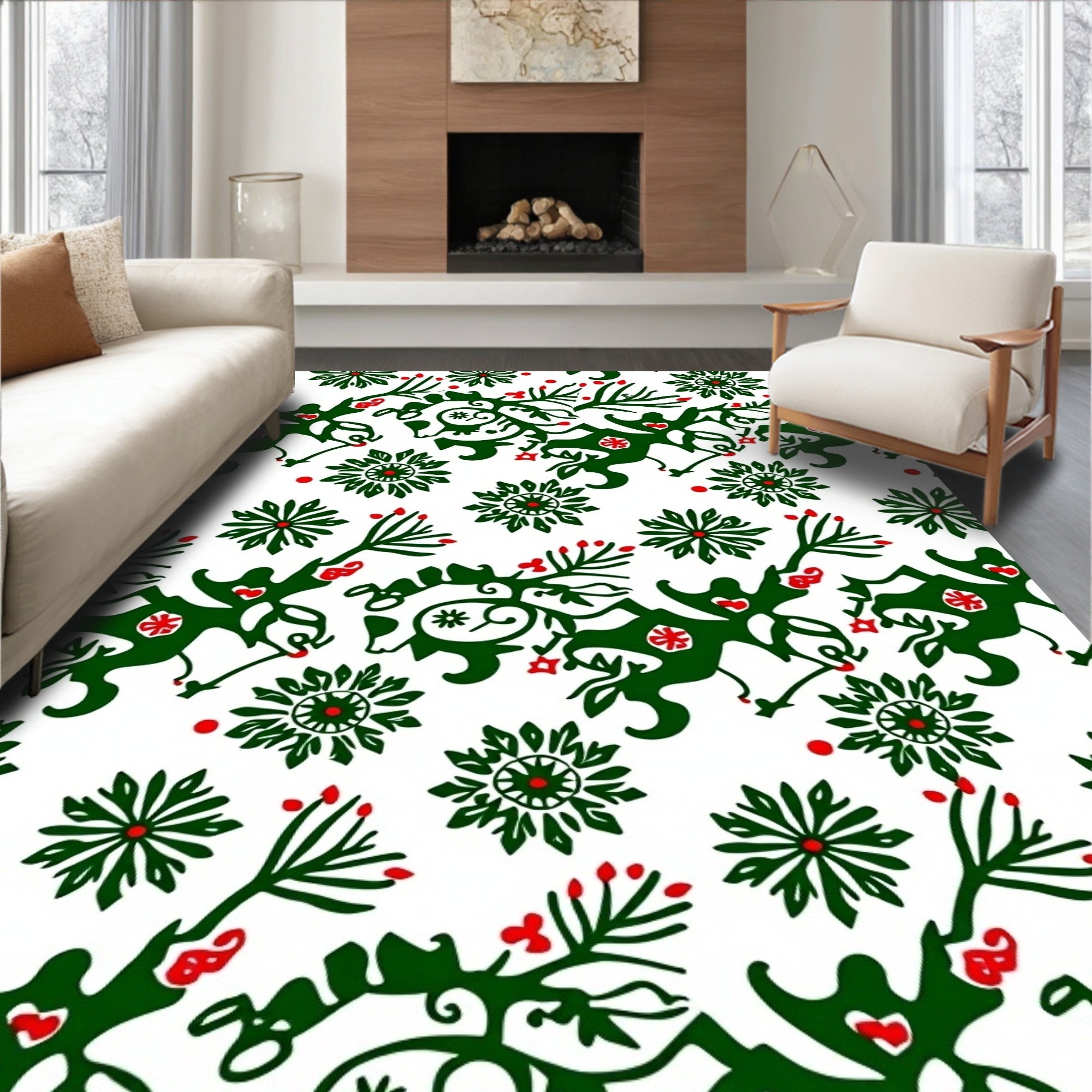 Festive Green Red Floral Vine Rug