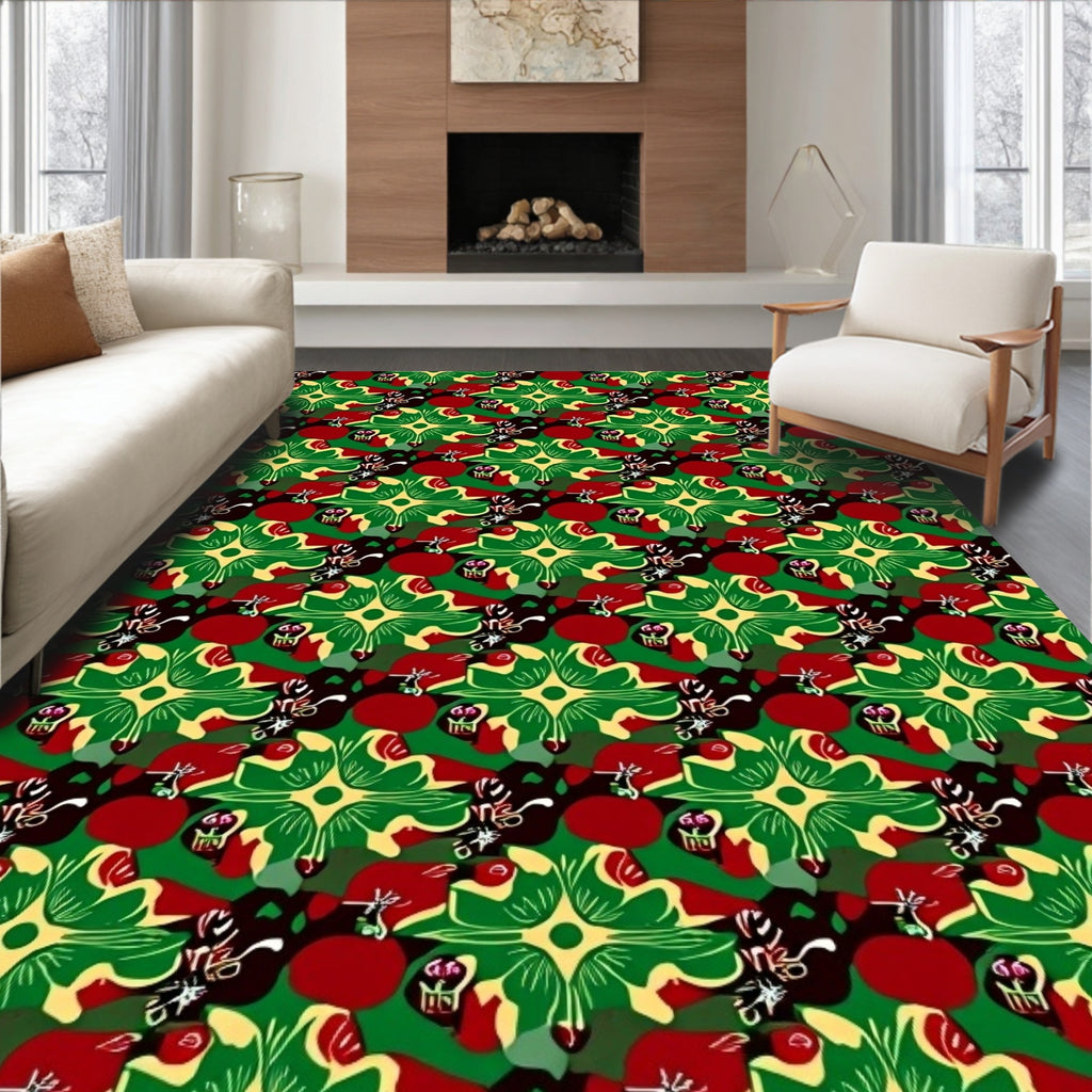 Bold Red Green Black Floral Medallion Rug