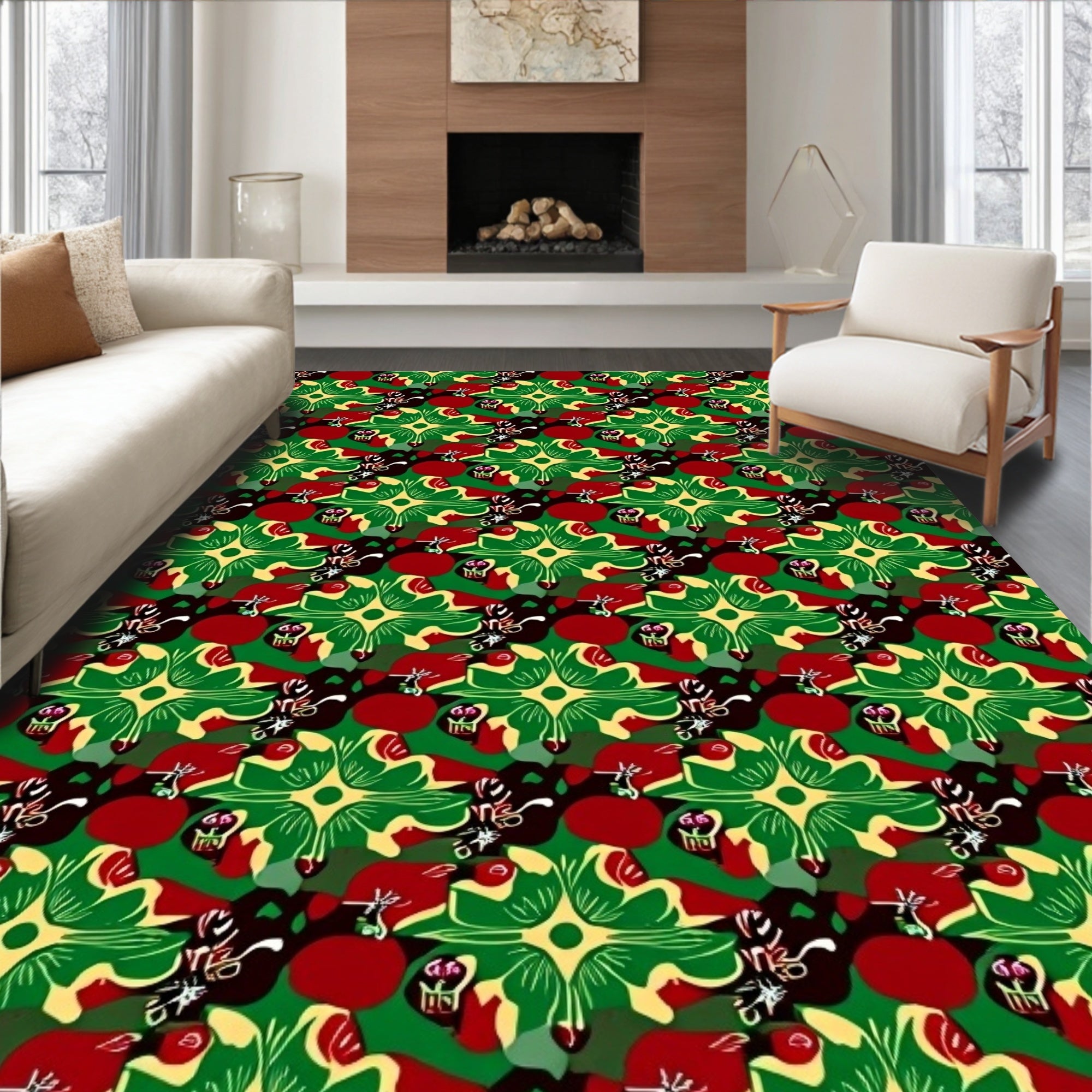 Bold Red Green Black Floral Medallion Rug