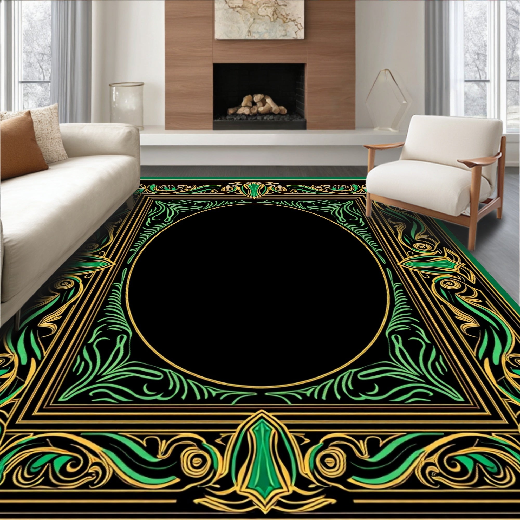 Emerald Gold Art Nouveau Scroll Rug