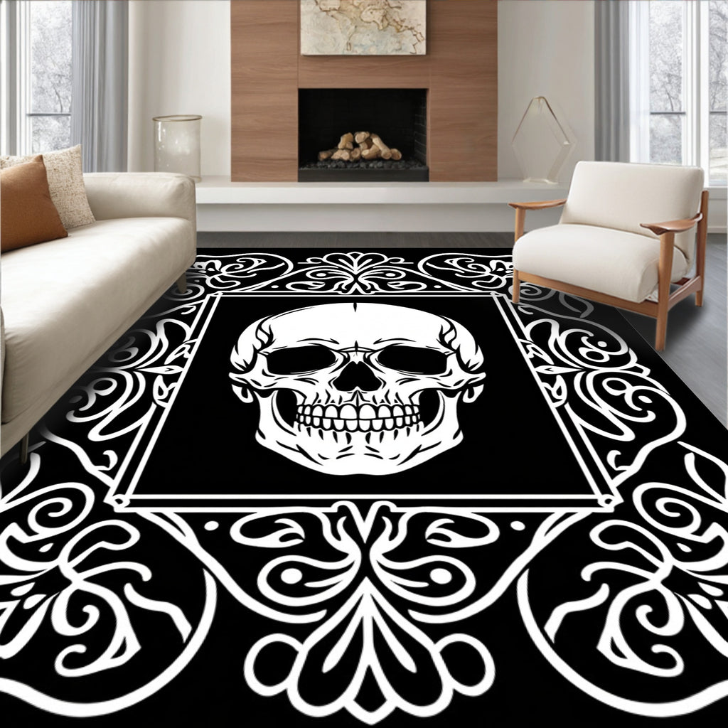 Gothic Skull White Floral Border Rug
