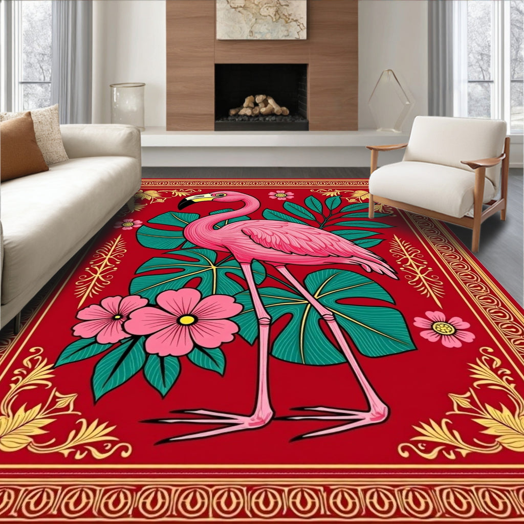 Pink Flamingo Tropical Floral Border Rug