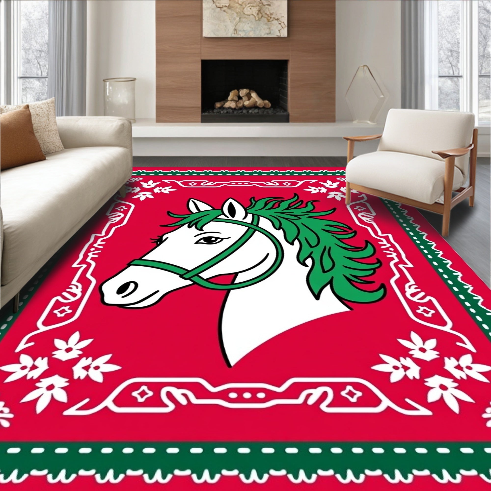 Whimsical Red Green Horse Portrait Rug