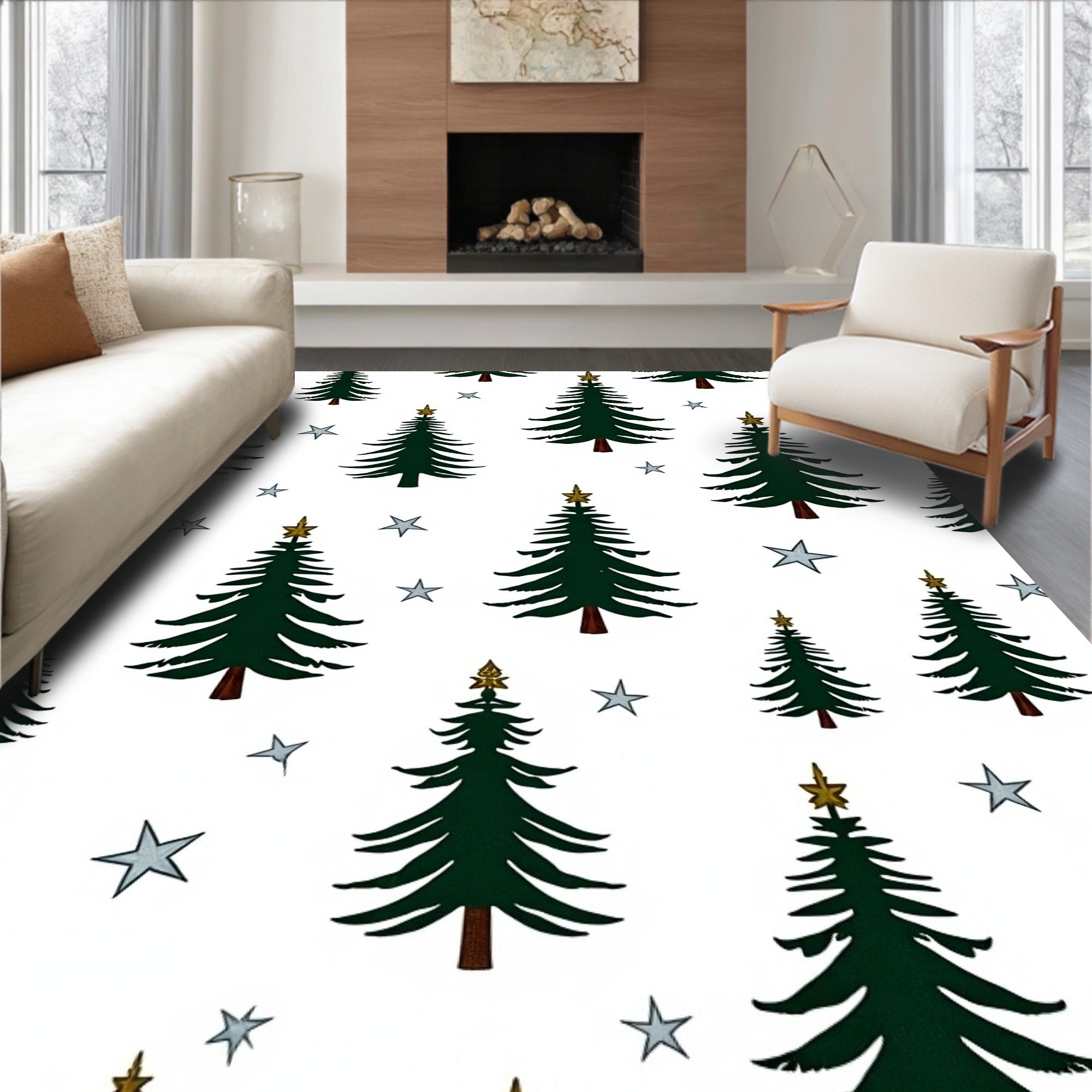 Emerald Pine Trees Sparkle With Stars Rug