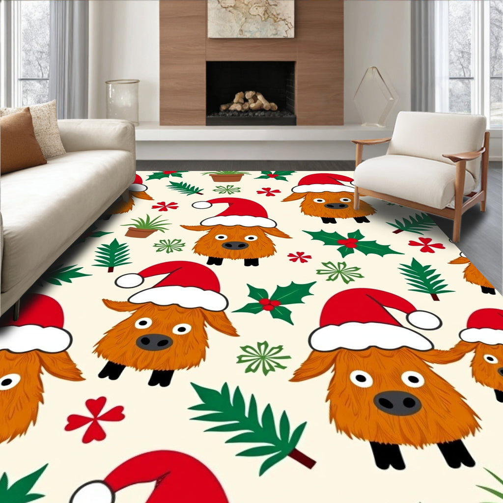 Christmas Highland Cow Holiday Holly Rug