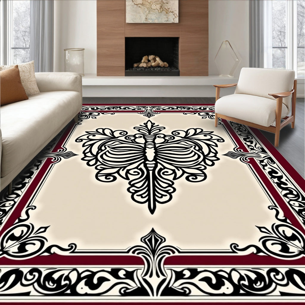 Rich Crimson Black Floral Symmetry Rug