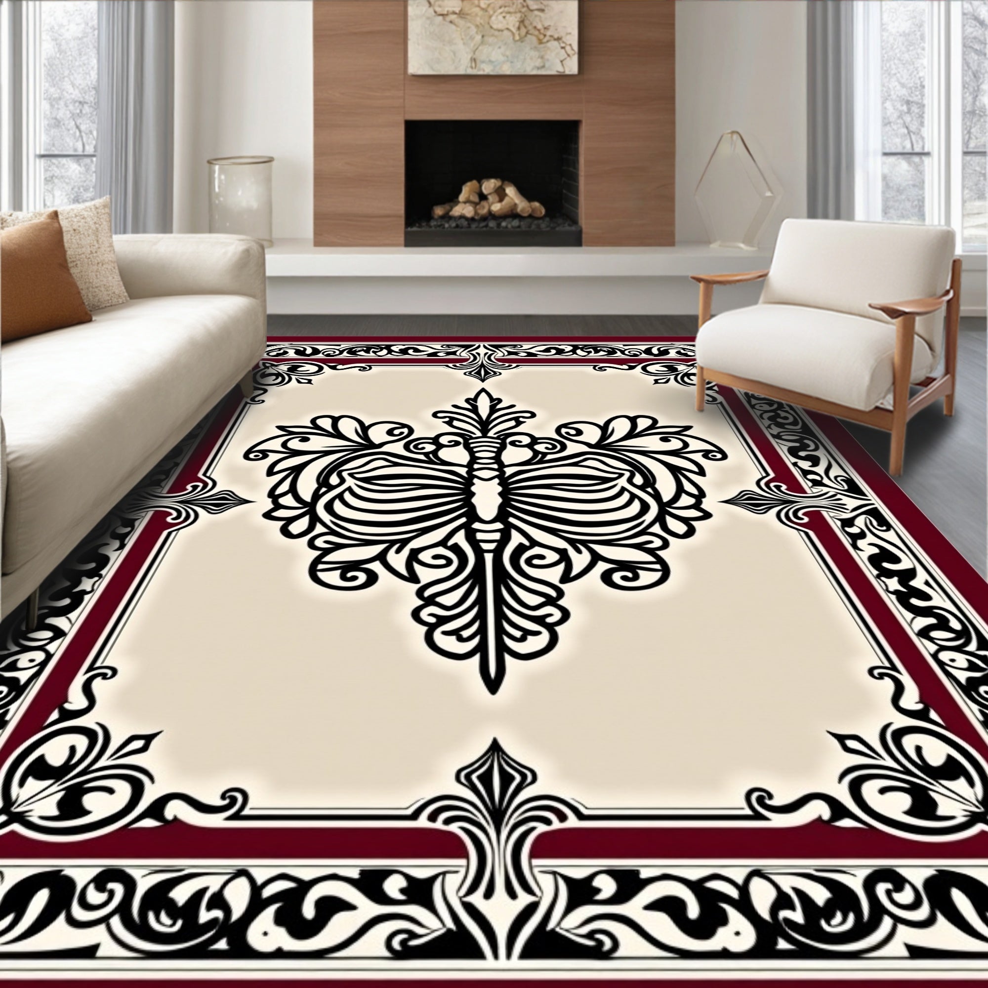 Rich Crimson Black Floral Symmetry Rug