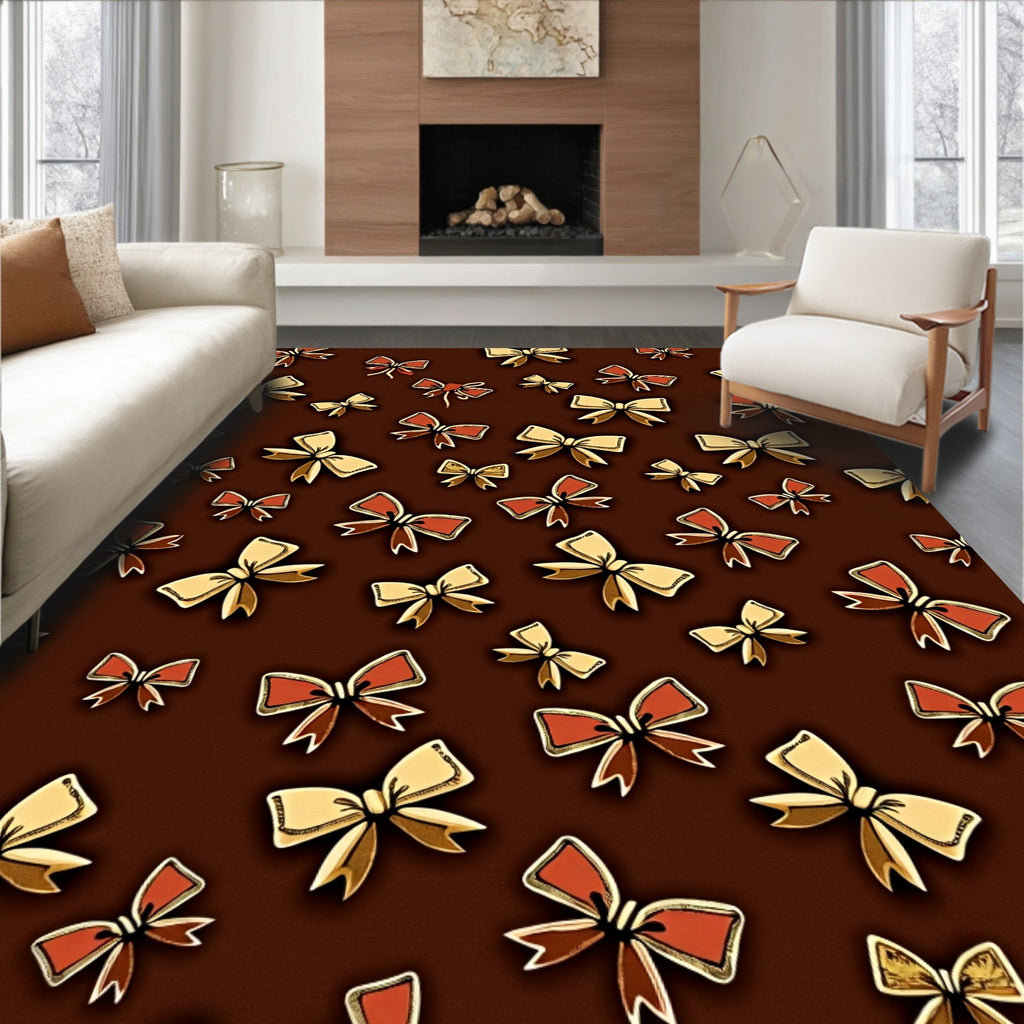 Golden Red Bows Chocolate Background Rug