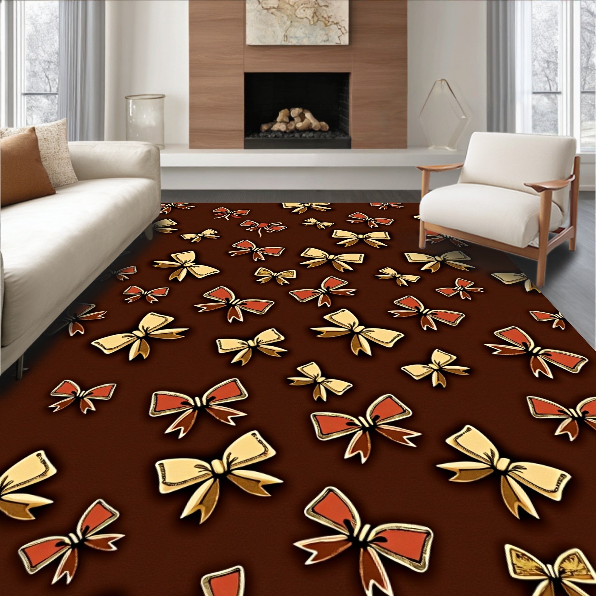 Golden Red Bows Chocolate Background Rug