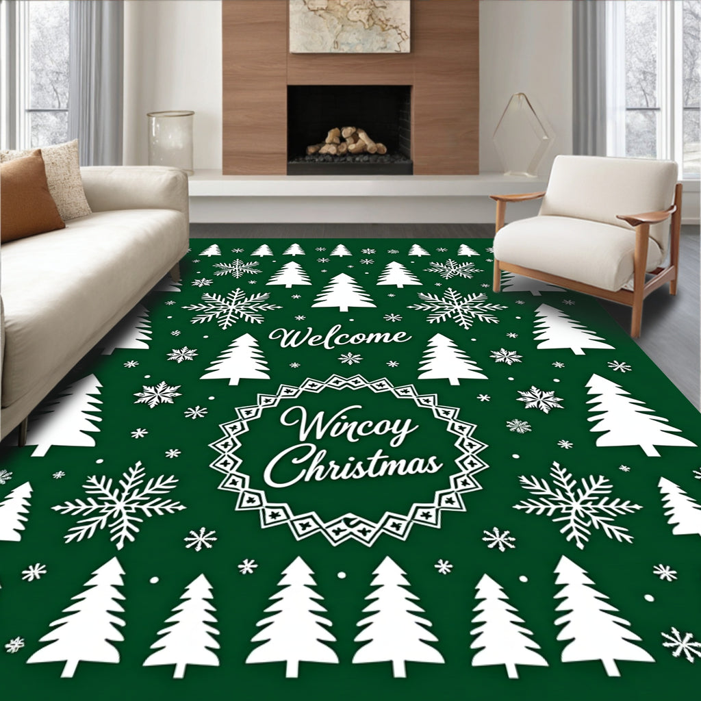 Festive Green Snowflake Tree Collection Rug