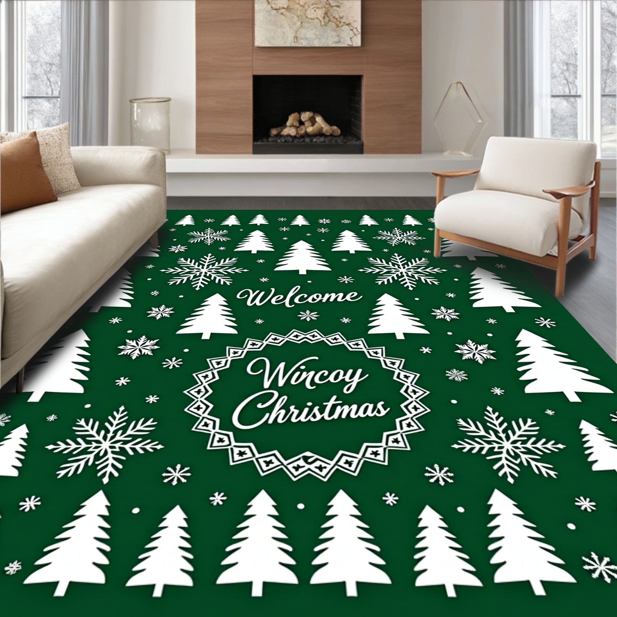 Festive Green Snowflake Tree Collection Rug
