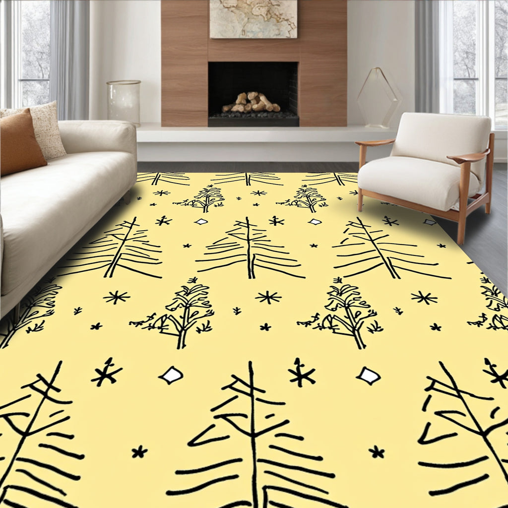 Line Art Trees and Stars on Yellow Rug