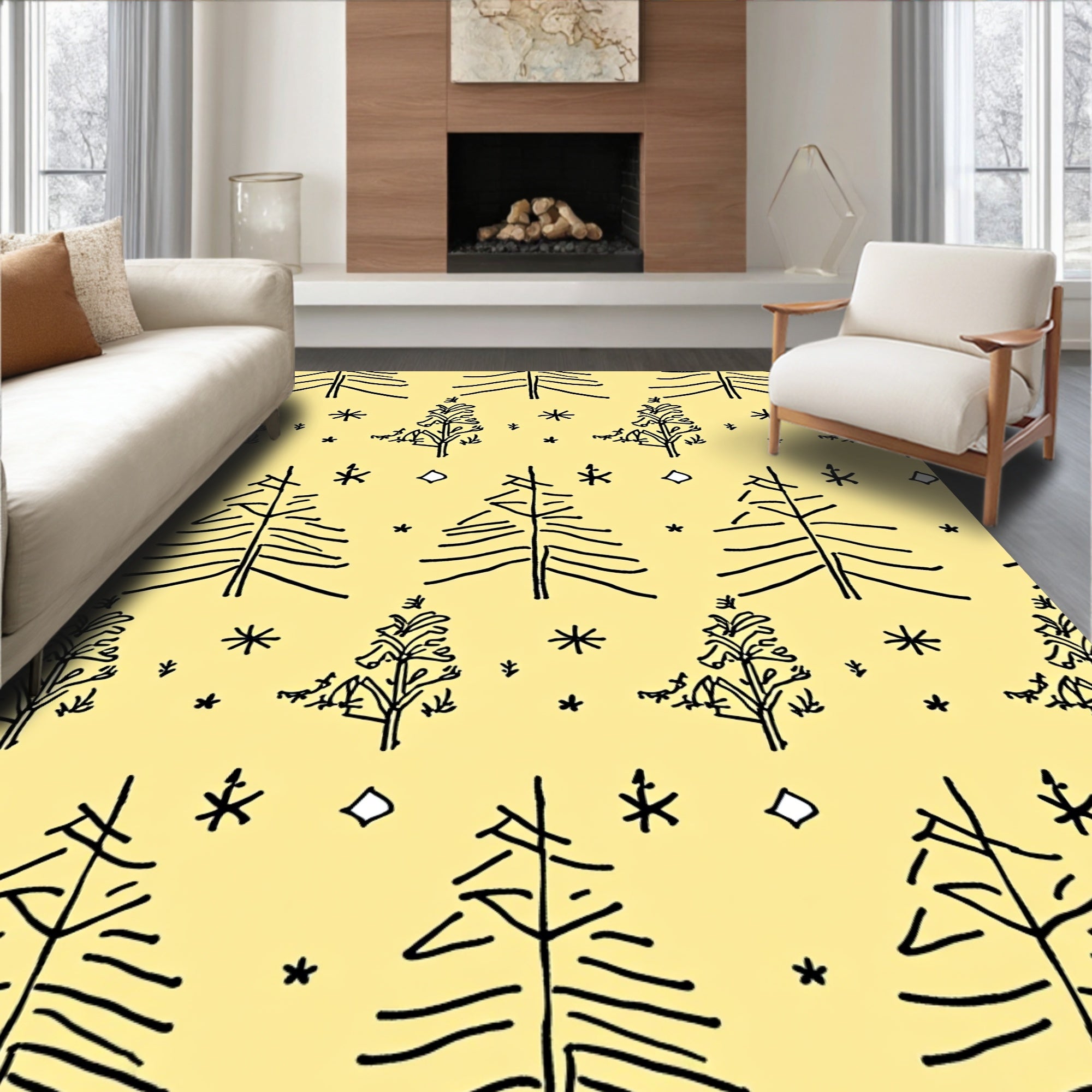 Line Art Trees and Stars on Yellow Rug