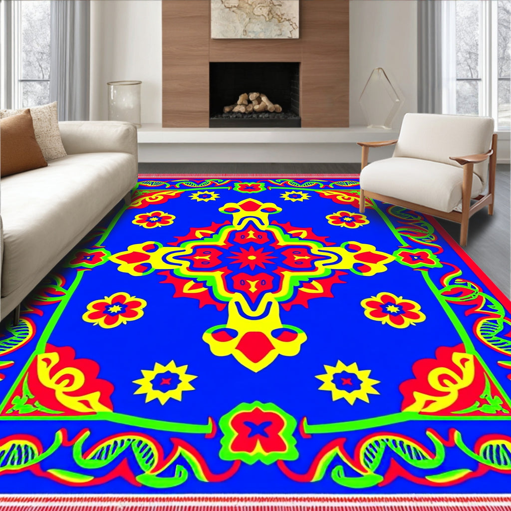 Bold Blue Red Yellow Floral Medallion Rug