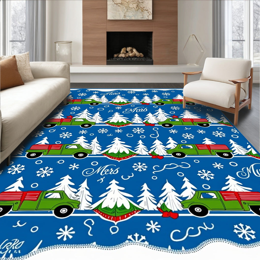 Winter Green Truck Christmas Tree Snowflakes Rug
