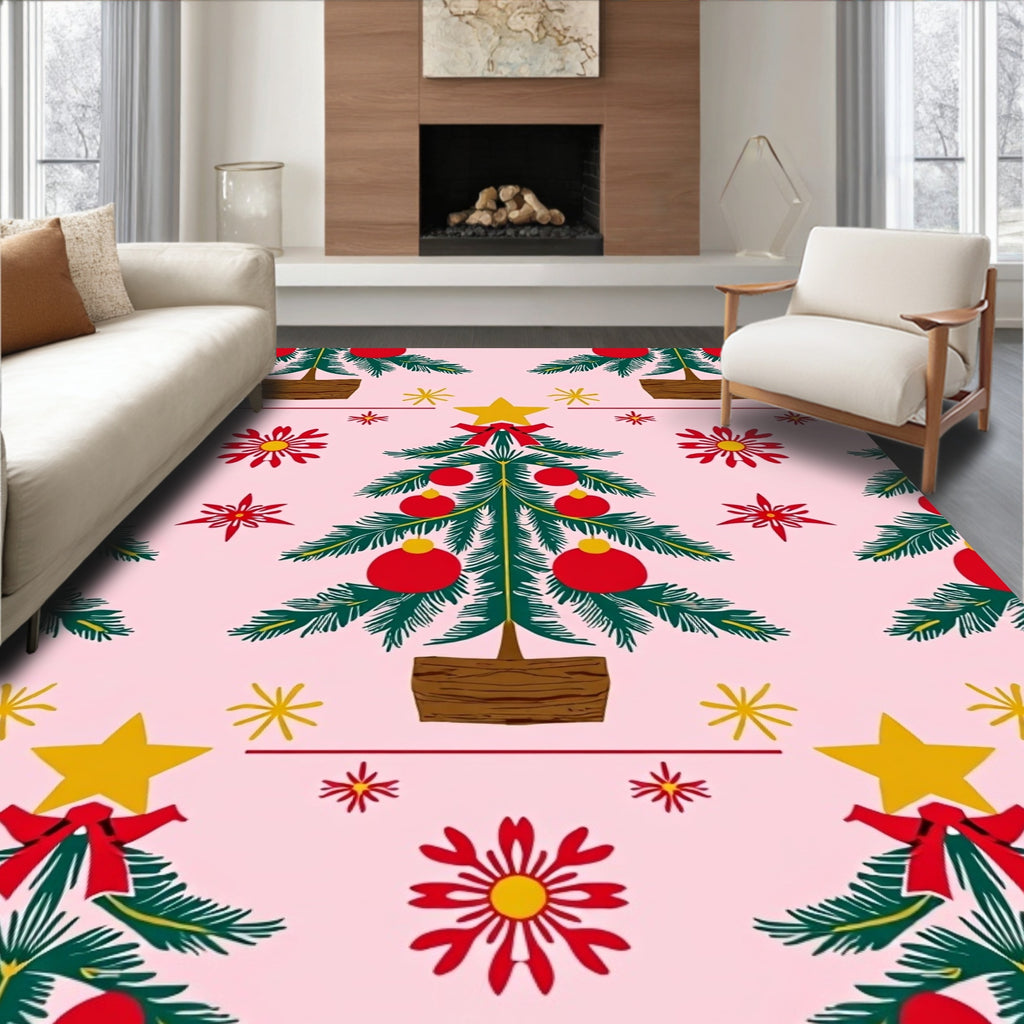 Retro Red Christmas Trees Stars Rug