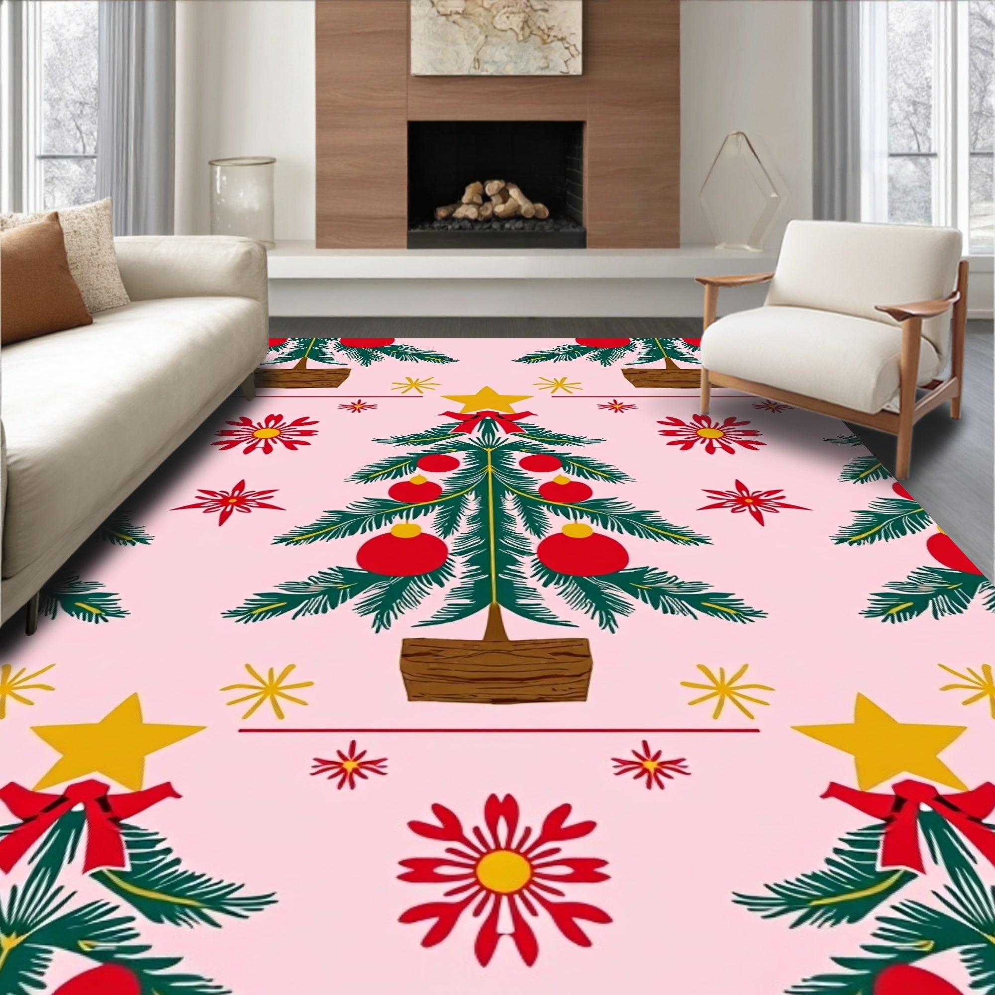 Retro Red Christmas Trees Stars Rug