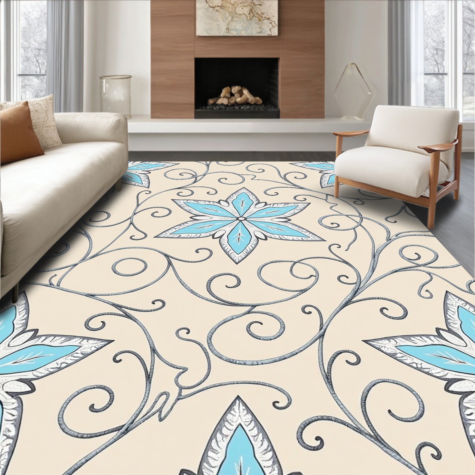 Light Blue Star Swirls on Cream Rug