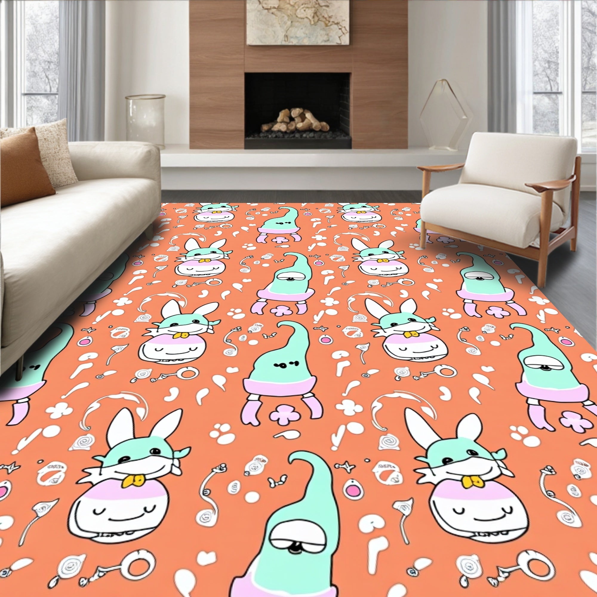 Whimsical Mint Bunny Cloud Characters Rug