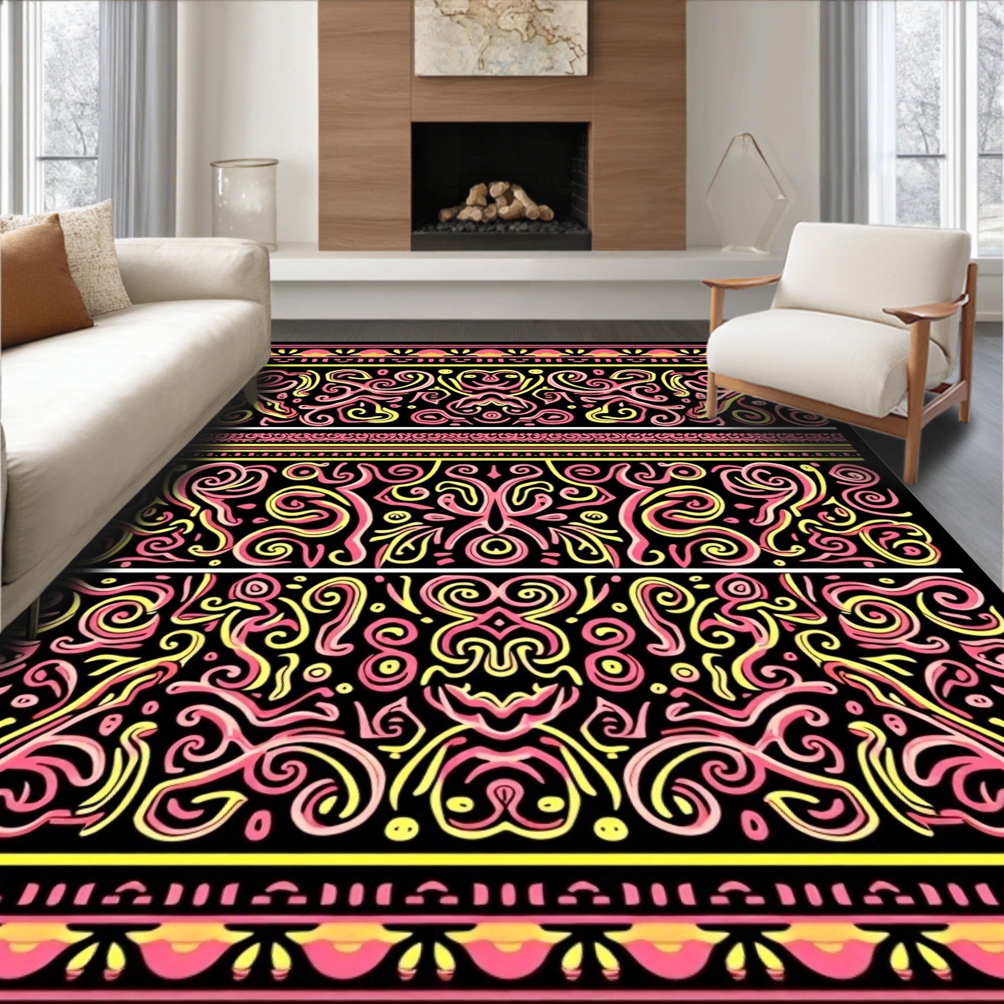 Pink Yellow Swirl Tribal Band Rug