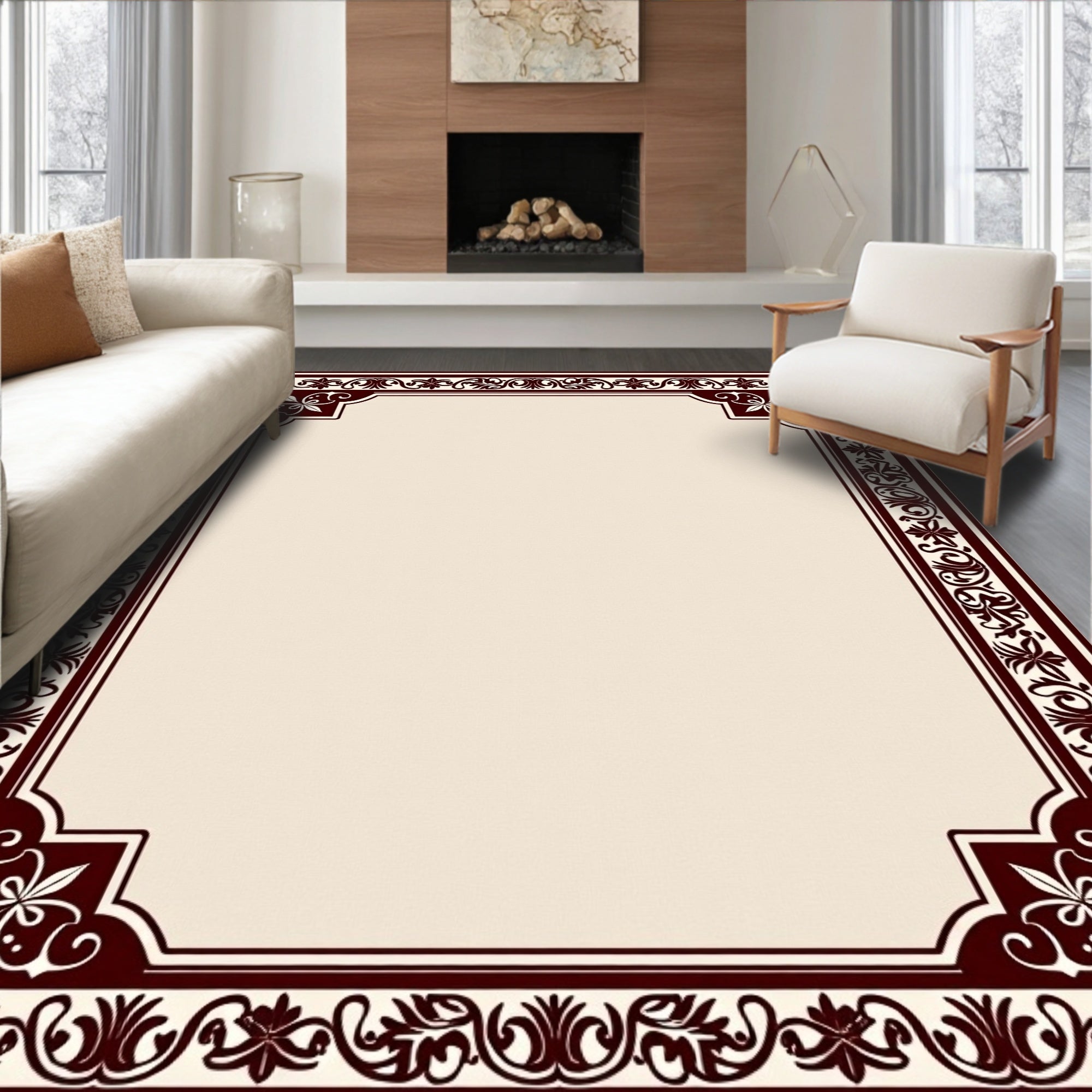 Ornate Crimson Floral Border Rug