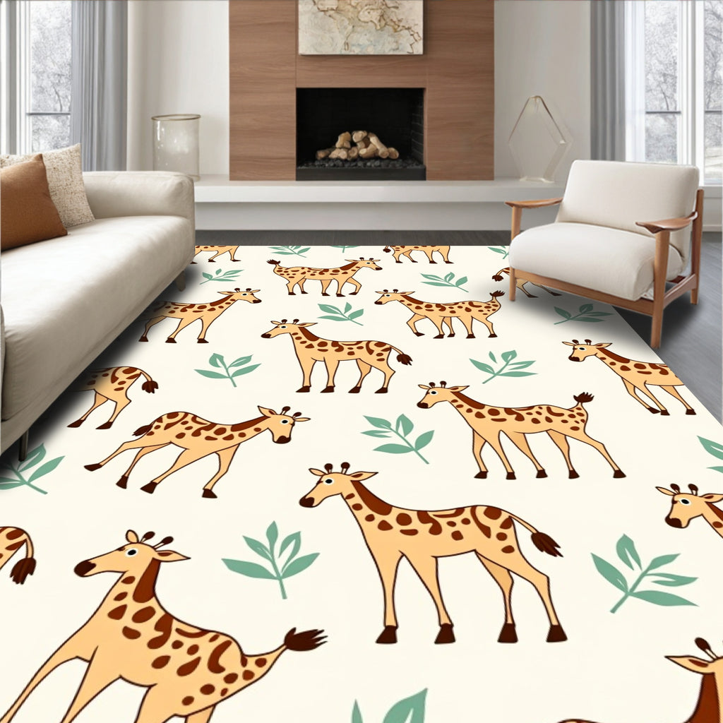 Playful Giraffes And Green Leaves Rug
