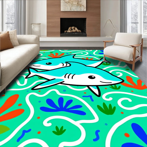 Aqua Sharks Underwater Coral Swirls Rug