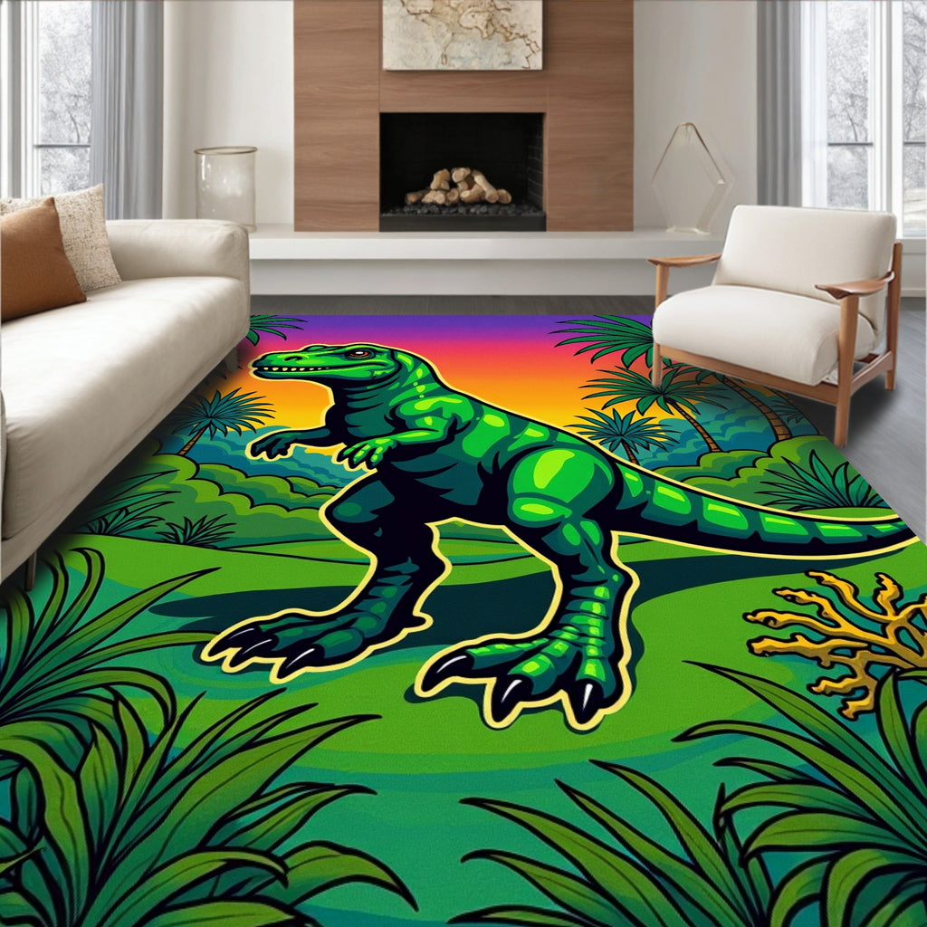 Green Retro Dinosaur Jungle Sunset Rug