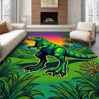 Green Retro Dinosaur Jungle Sunset Rug