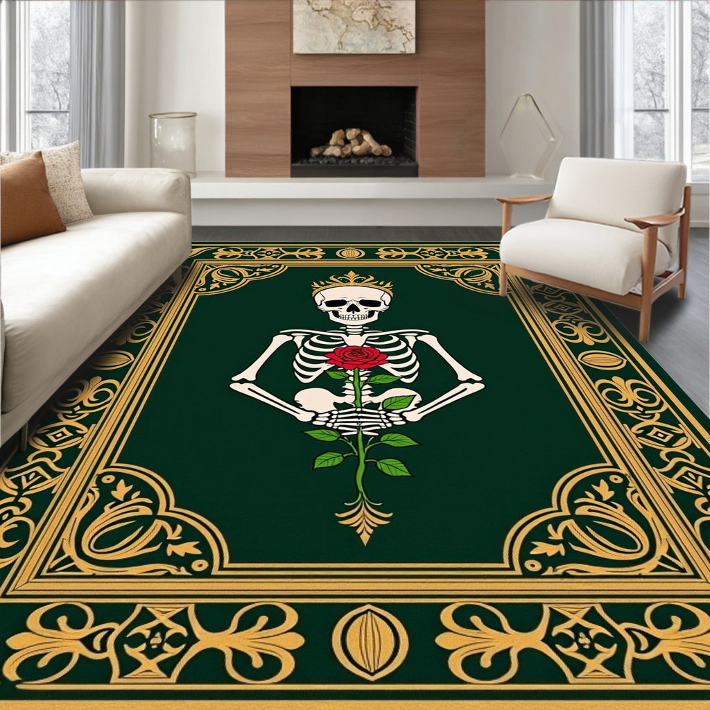 Gothic Skeleton Rose Crowned Emerald Rug