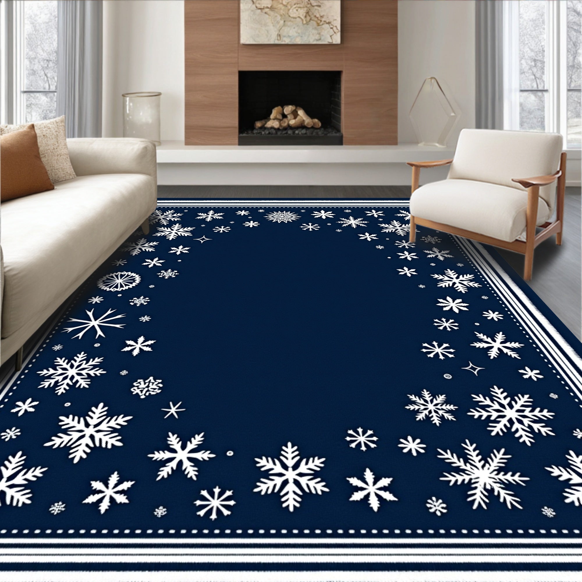 Winter White Snowflake Navy Border Rug