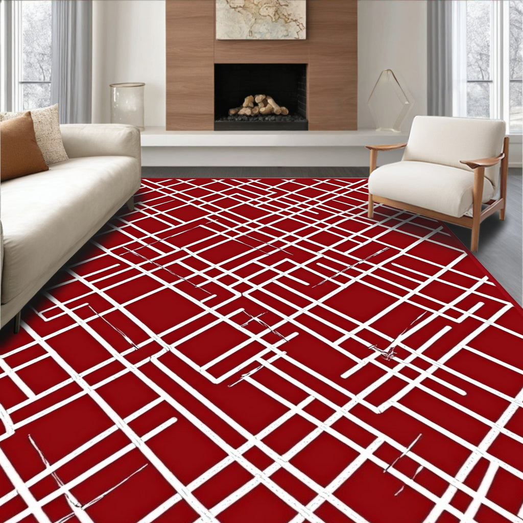 Crimson White Interlocking Lines Rug