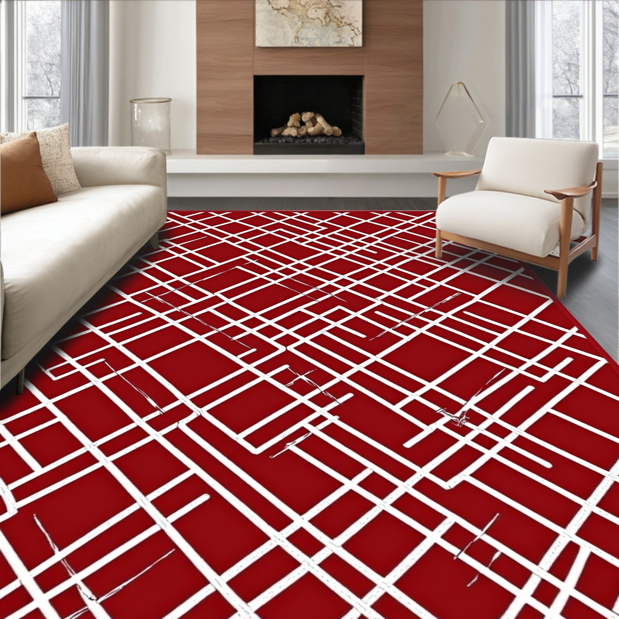 Crimson White Interlocking Lines Rug