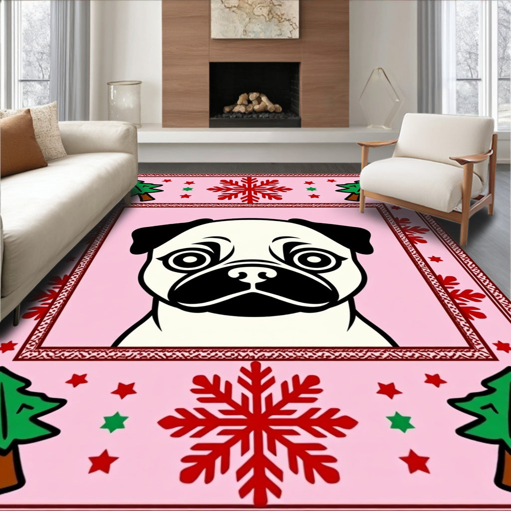 Pink Pug Christmas Trees Snowflakes Rug