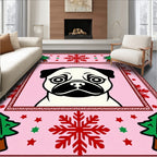 Pink Pug Christmas Trees Snowflakes Rug