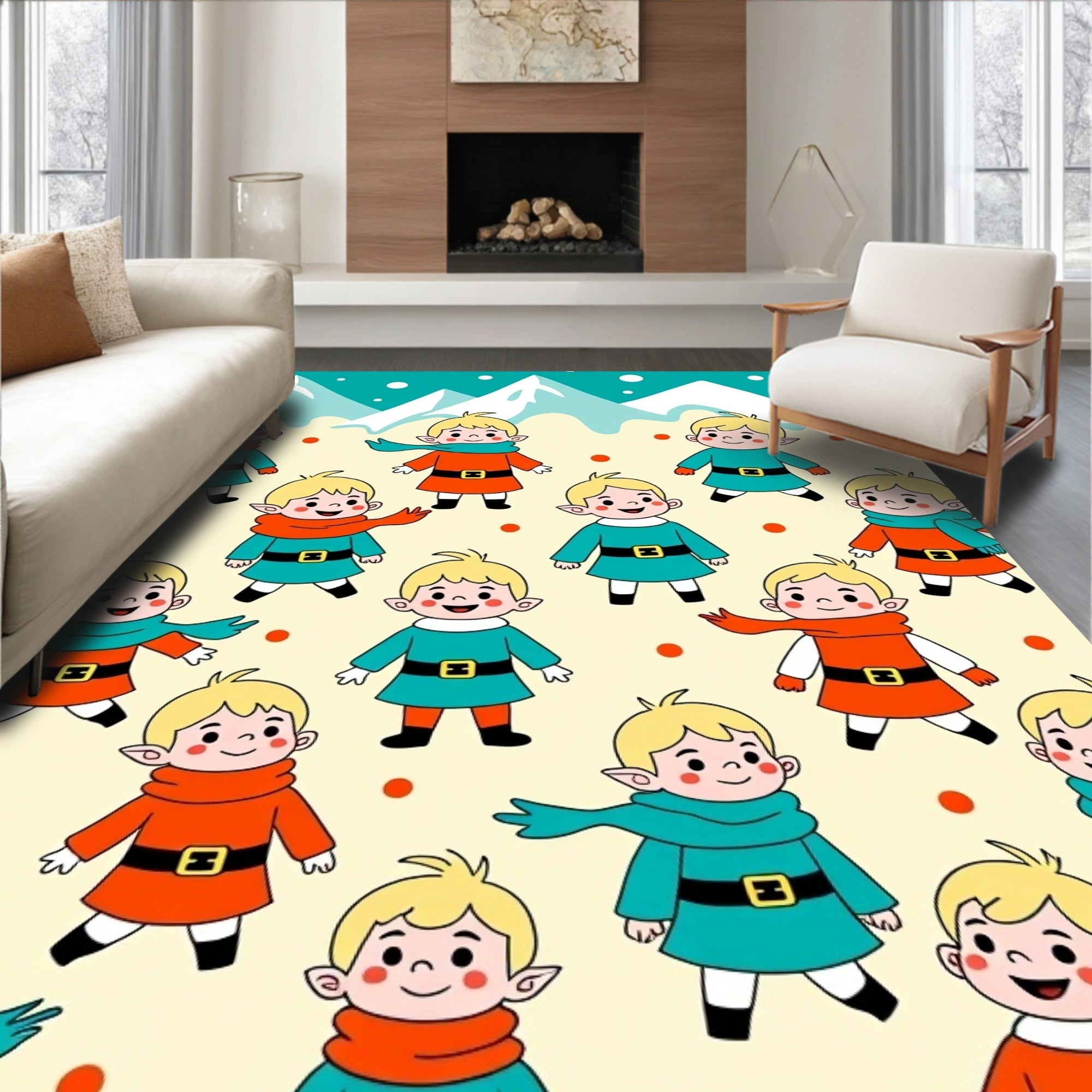 Whimsical Elf Friends Winter Mountains Rug