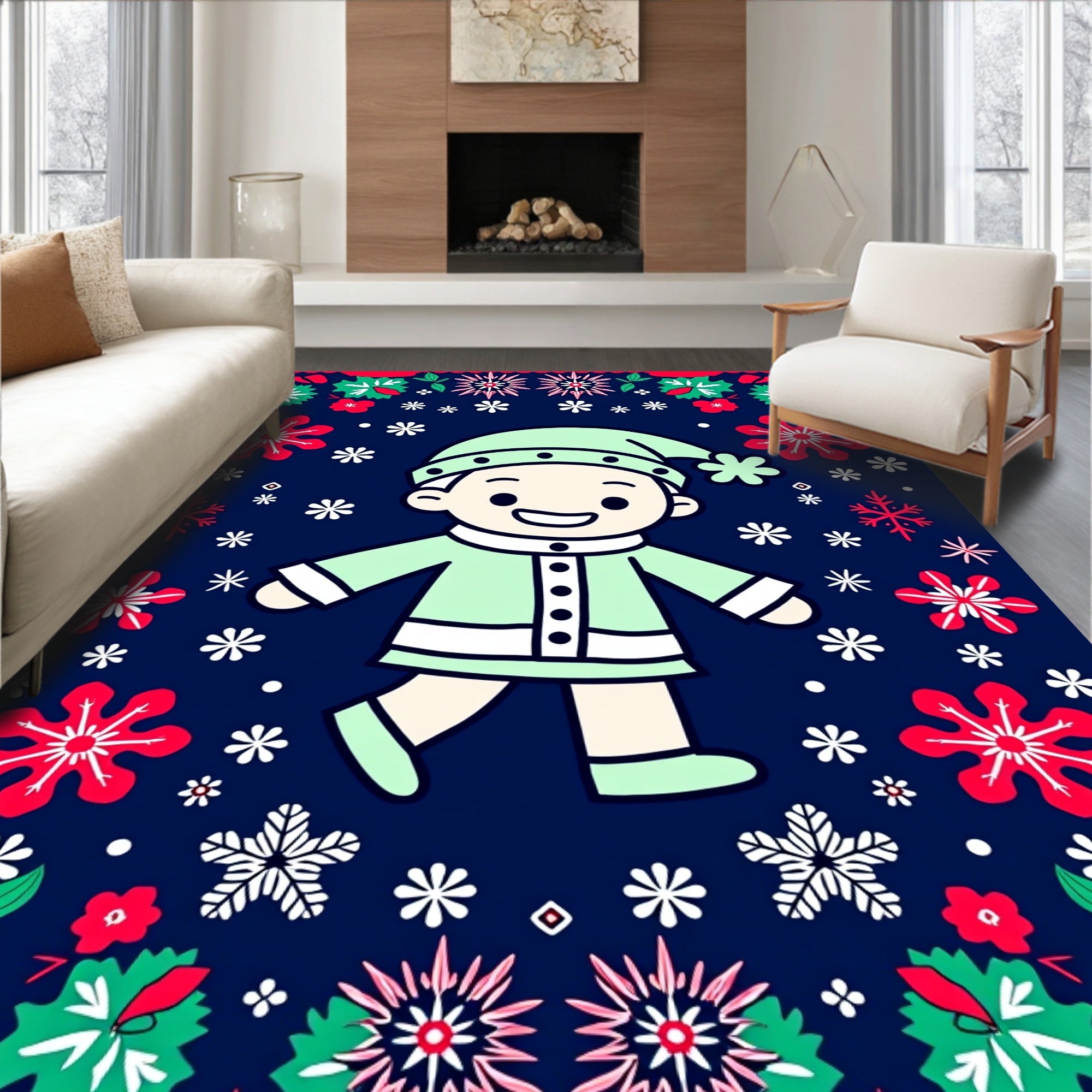 Christmas Character Snowflake Border Rug