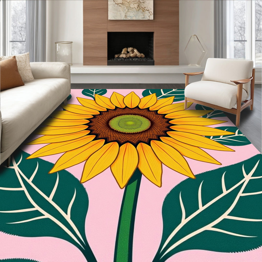 Golden Sunflower With Green Leaves Rug