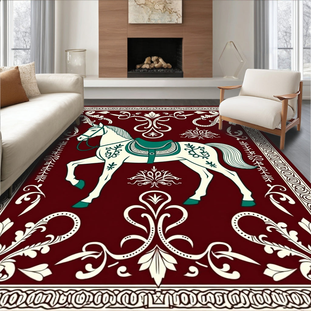 Crimson White Horse Floral Border Rug